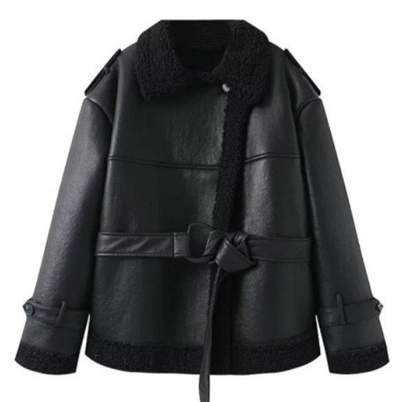 Damen 600+ Kurzjacke im Aviator‑Stil mit Kunstfellfutter und Bindegürtel Drune