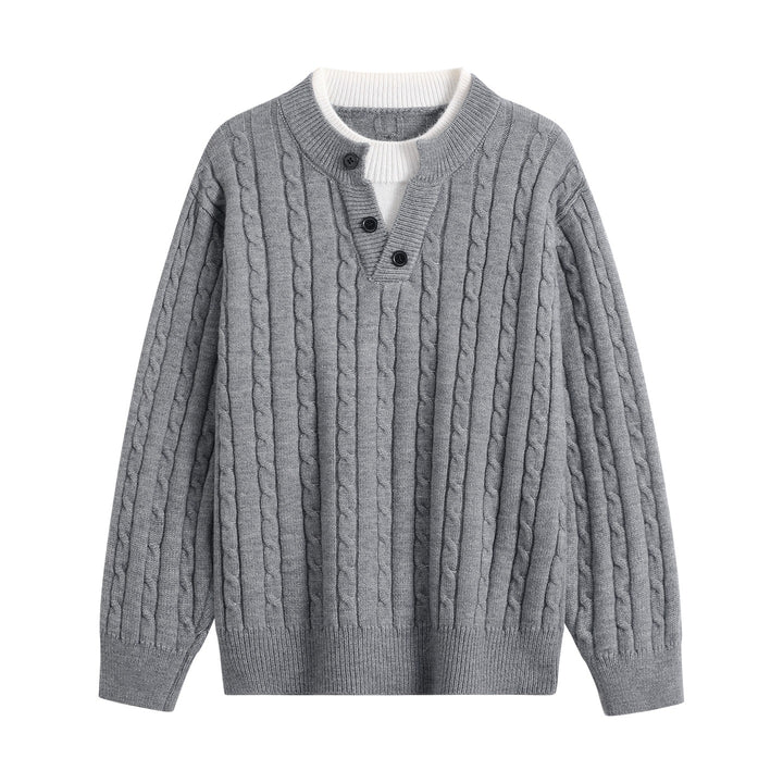 Damen Oversize Zopfstrick-Pullover mit Henley‑Kragen und Kontrastinnenkragen Drune