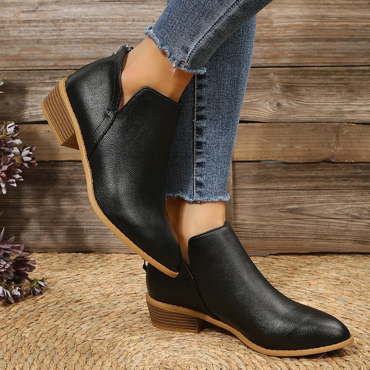 Damen Metallic-Ankleboots mit spitzer Kappe, Rückreißverschluss und niedrigem Blockabsatz Drune