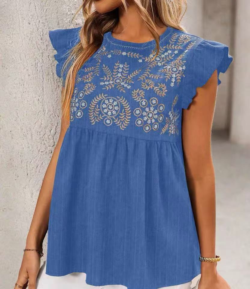 Damen Lockeres besticktes Babydoll-Top mit Rüschenärmeln Drune