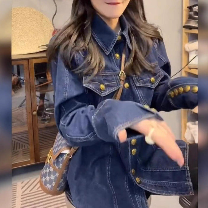 Damen Jeanshemdjacke mit goldenen Druckknöpfen Drune