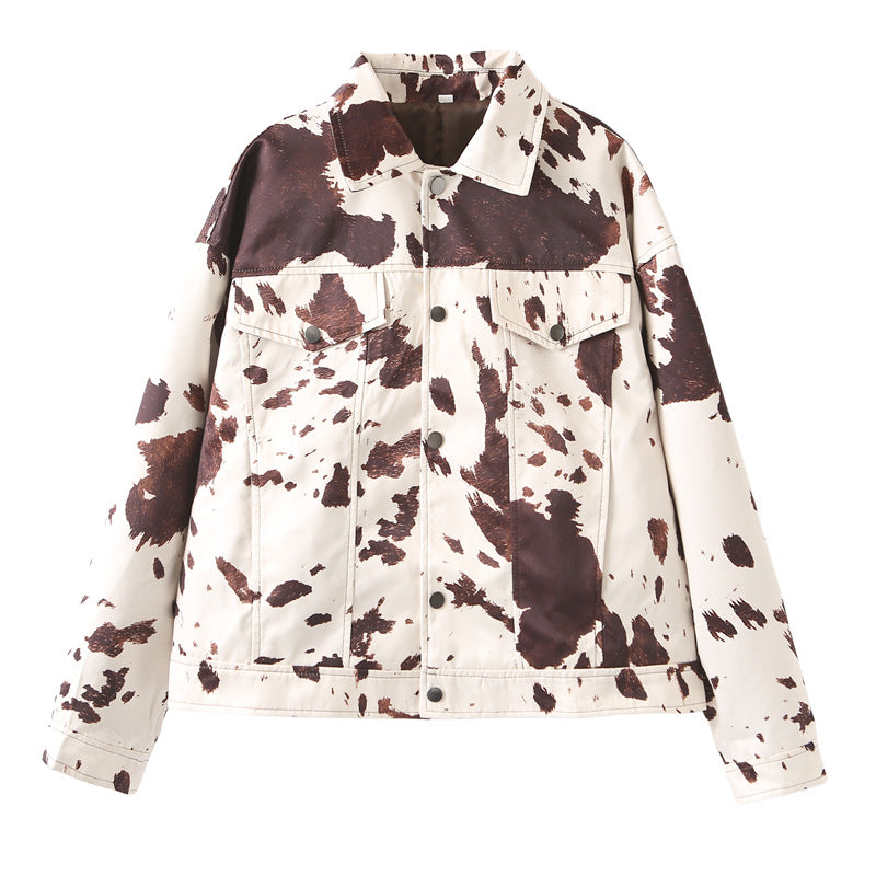 Damen nan Oversize Jeansjacke mit Kuhfleckenprint Druckknopfleiste und Pattentaschen Drune