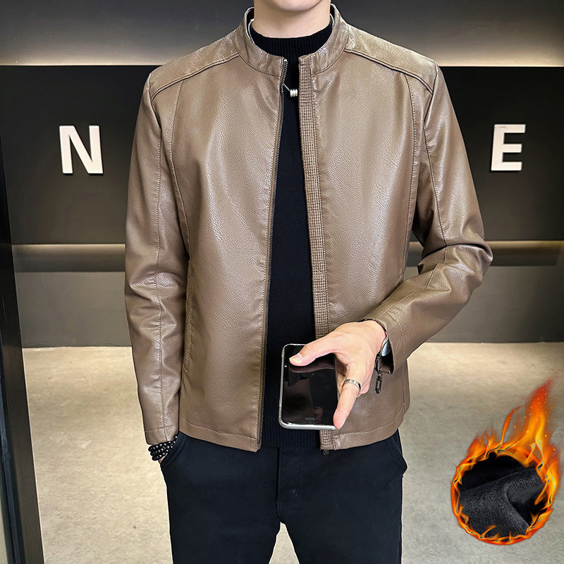 Herren Modische Kunstlederjacke mit hohem Kragen Drune