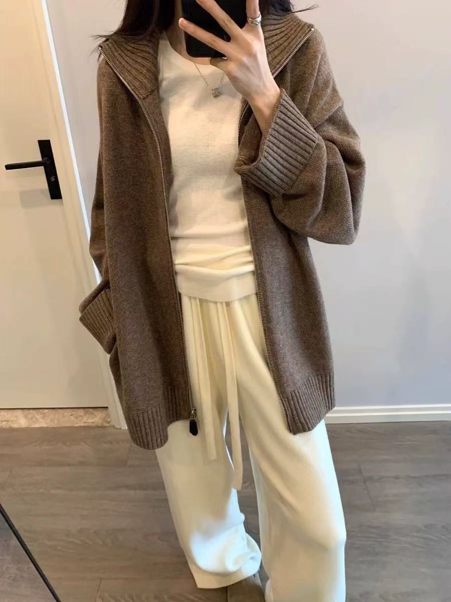 Damen doppelreihiger Strickjacke mit hohem Kragen und praktischen Taschen Drune