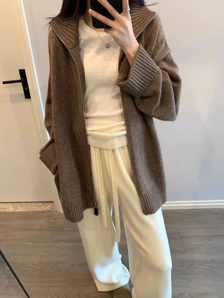 Damen doppelreihiger Strickjacke mit hohem Kragen und praktischen Taschen Drune