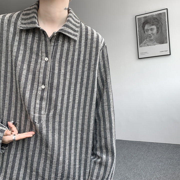 Herren Oversize Langarm-Hemd mit Polokragen, gestreifter Struktur & halber Knopfleiste Drune
