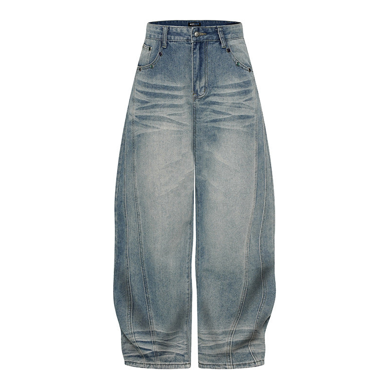 Damen Weite High‑Waist Ballon-Jeans mit Ziernähten Drune