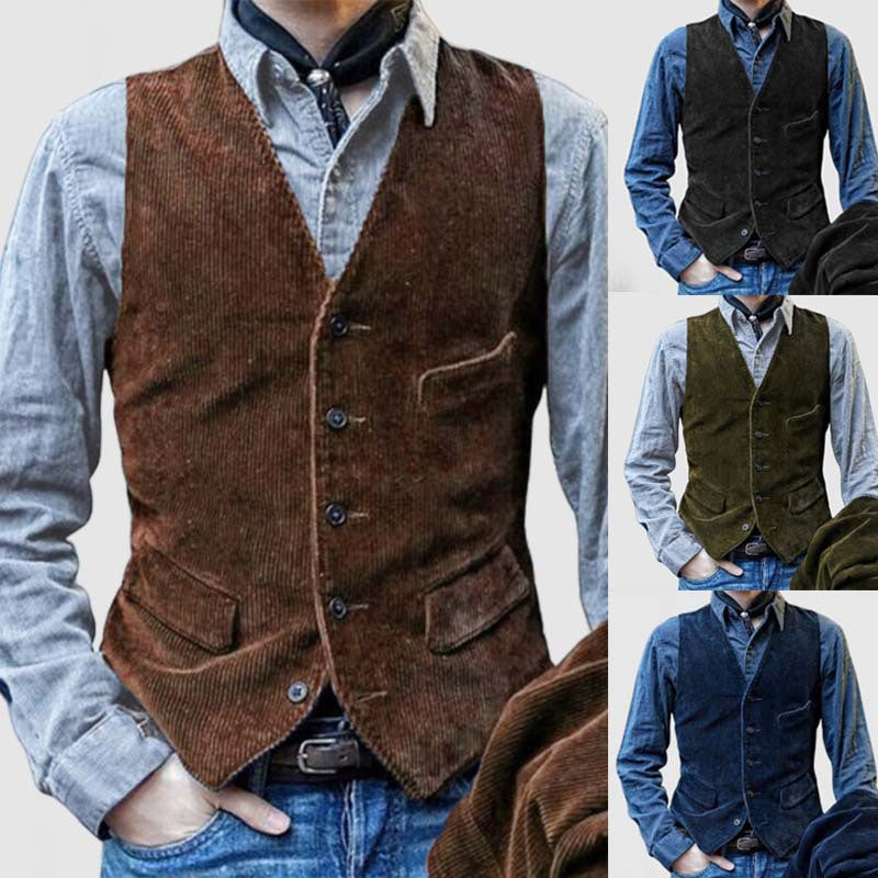 Herren Cord-Weste mit V-Ausschnitt, Knopfleiste und paspelierten Pattentaschen Drune