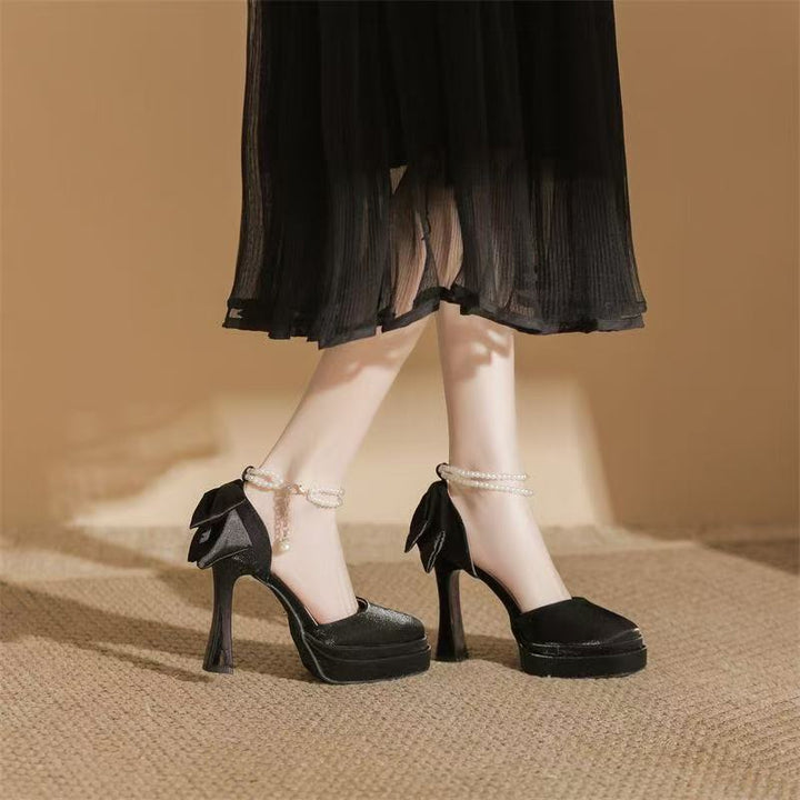 Damen Satin-Plateau-Pumps mit dekorativer Schleife und verstellbarem Knöchelriemen Drune