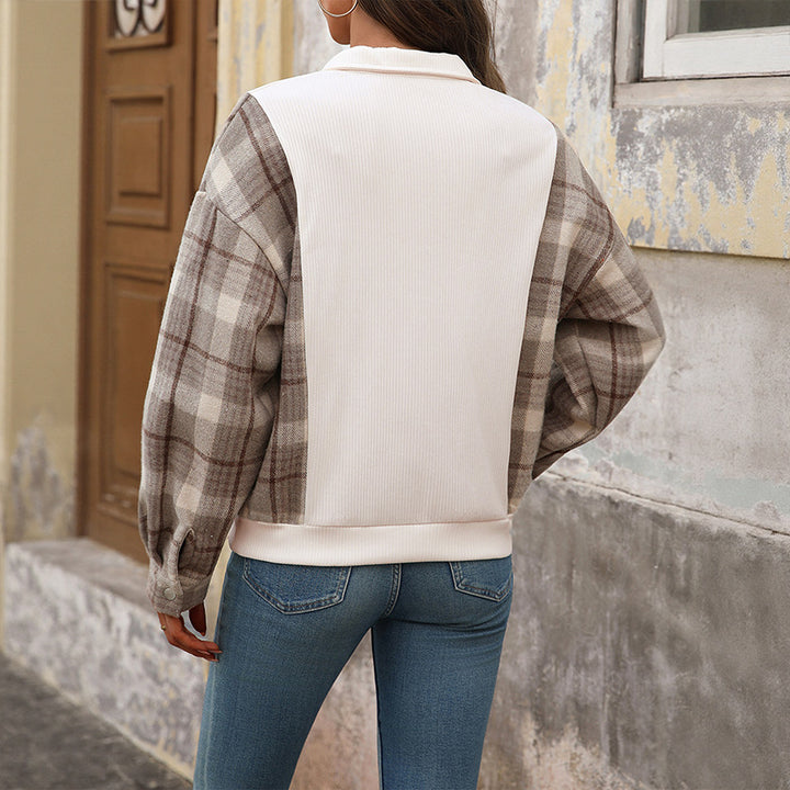 Damen Sweatshirt mit Stehkragen, Druckknopfleiste und karierten Flanellärmeln Drune