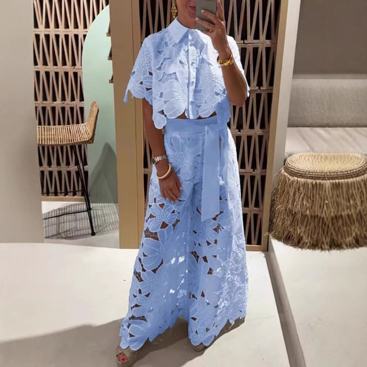 Damen nan zweiteiliges Spitzenensemble mit bauchfreier Bluse und weiter Palazzohose Drune