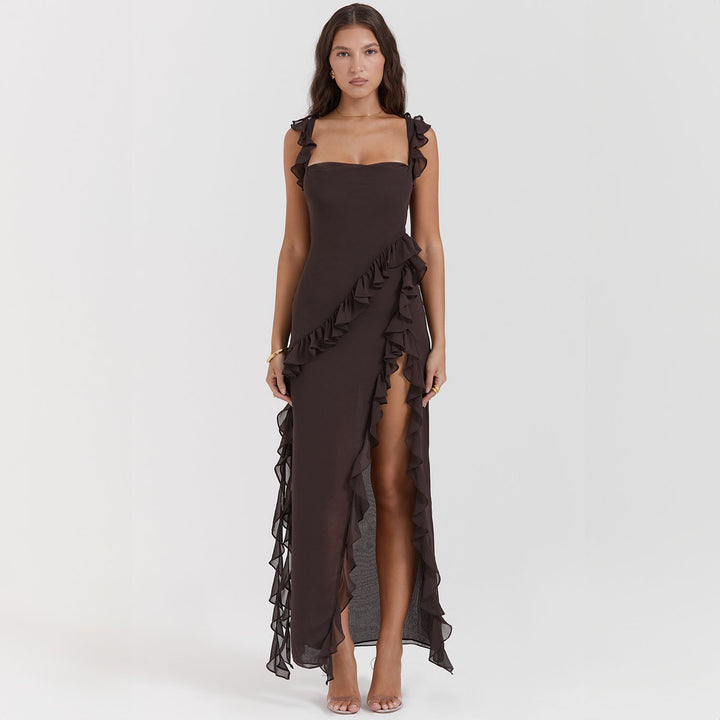 Damen asymmetrisches Maxi-Kleid mit Rüschendetails und hohem Schlitz Drune