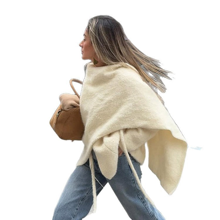 Damen Oversize Wollmix-Poncho mit asymmetrischem Fall und Bindebändern Drune