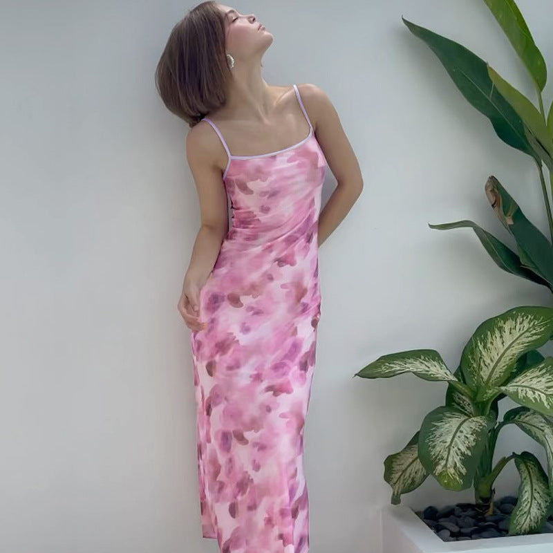 Damen elegantes Maxikleid mit zarten floralen Mustern und schmalen Spaghetti-Trägern Drune