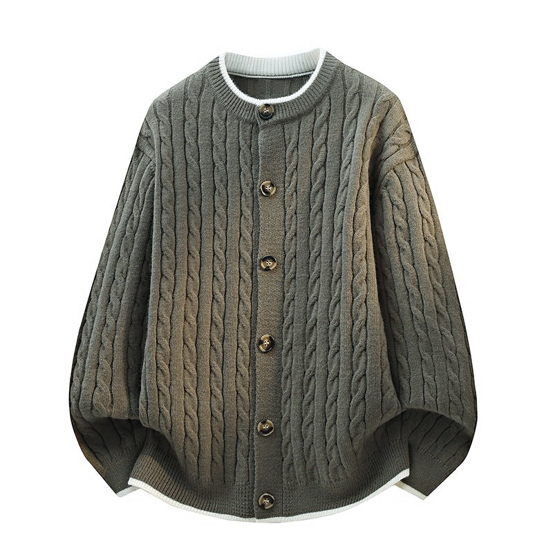 Damen Oversize Zopfstrick-Cardigan mit Rundhalsausschnitt, Holzknopfleiste & Kontrastbesatz Drune