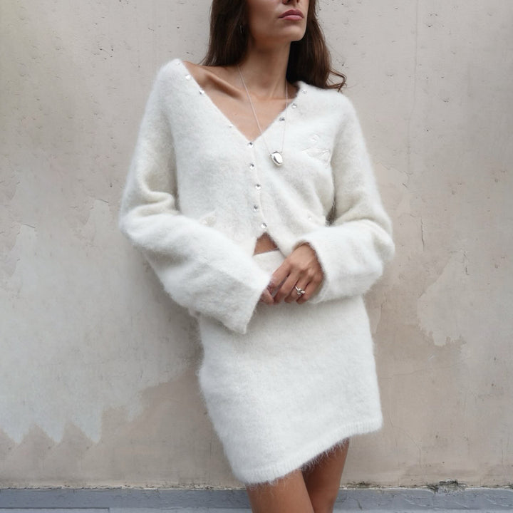 Damen Modisches Strickensemble mit V-Ausschnitt und Knopfdetails Drune