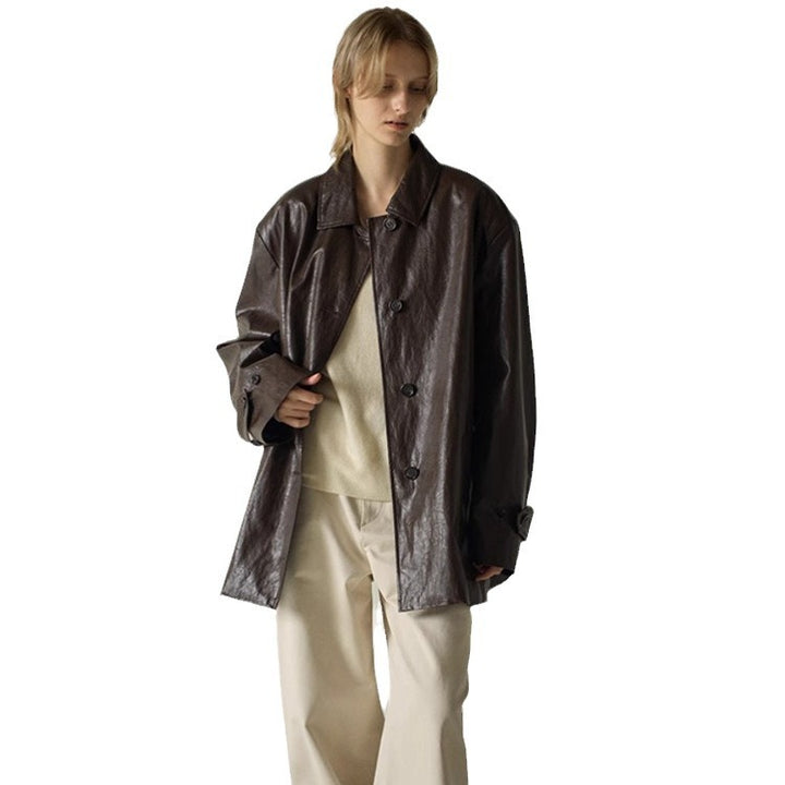 Damen Modische Kunstlederjacke mit übergroßem Schnitt Drune