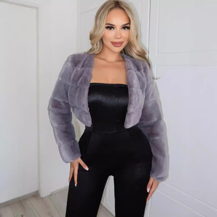 Damen Kurze Kunstpelzjacke mit breiten Ärmeln Drune