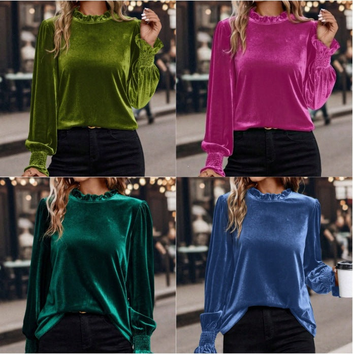 Damen Samtbluse mit Rüschenkragen, Ballonärmeln und Stretch-Smock-Bündchen Drune
