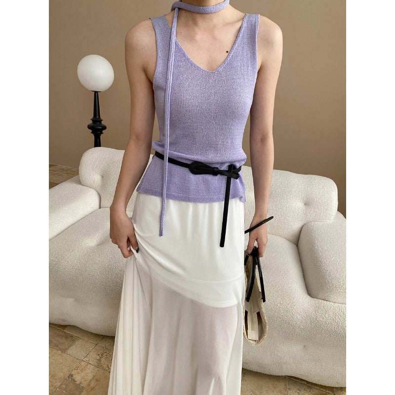 Damen elegantes Maxikleid mit fließendem Schnitt und dekorativem Gürtel Drune