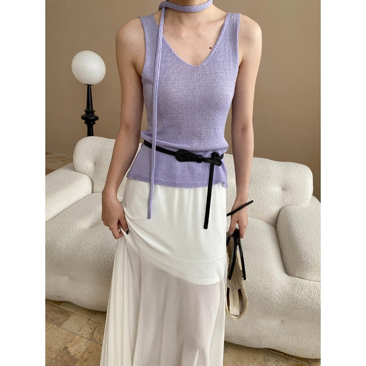 Damen elegantes Maxikleid mit fließendem Schnitt und dekorativem Gürtel Drune