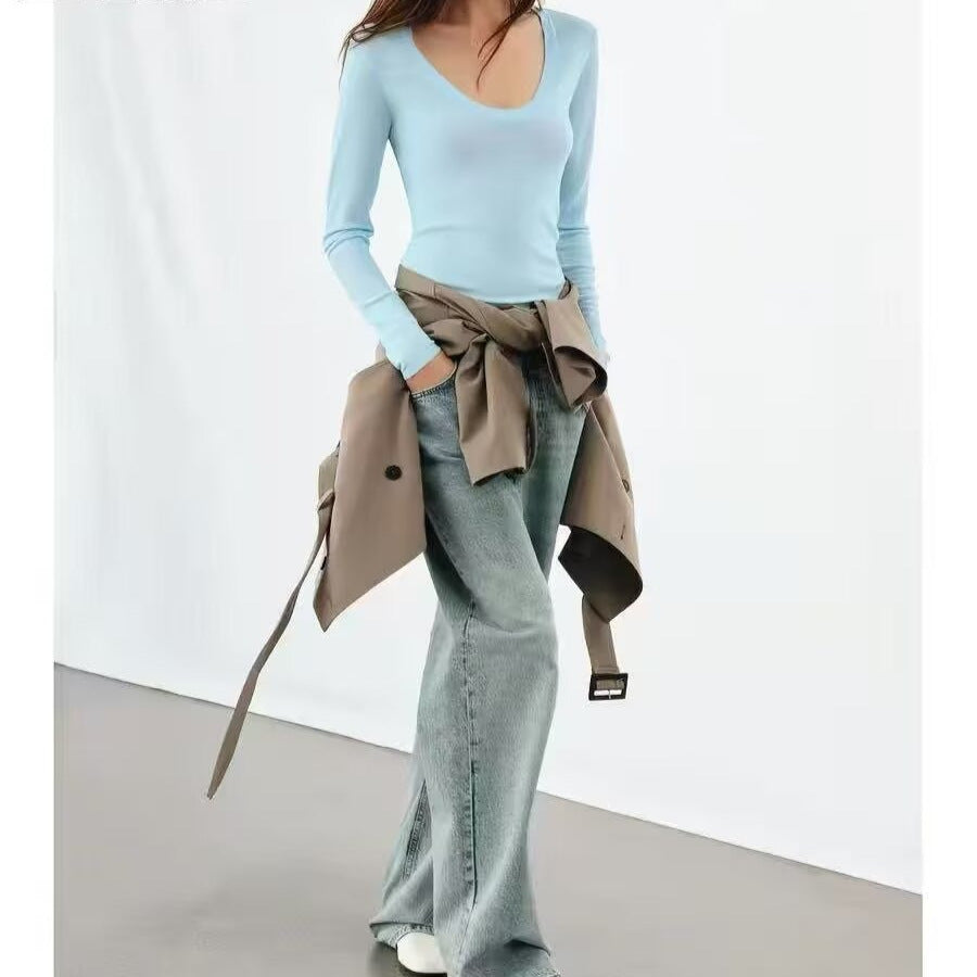Damen Feinstrick-Pullover mit tiefem U-Ausschnitt und schmaler Silhouette Drune