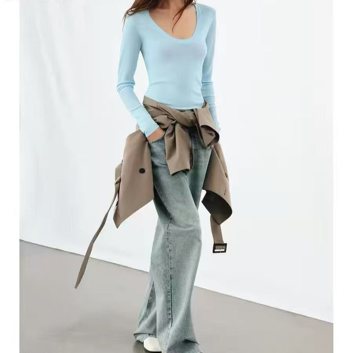 Damen Feinstrick-Pullover mit tiefem U-Ausschnitt und schmaler Silhouette Drune