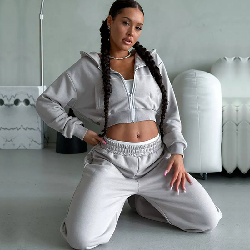 Damen kurzes Zip-Kapuzensweatshirt mit tailliertem Bündchen und weitem High‑Waist French‑Terry Jogginghose Set Drune