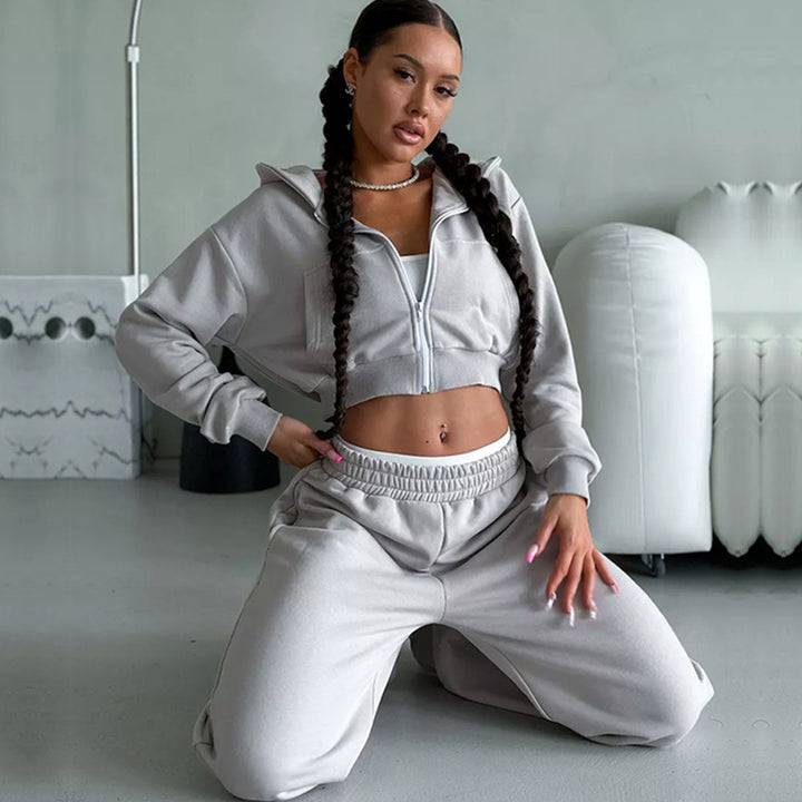 Damen kurzes Zip-Kapuzensweatshirt mit tailliertem Bündchen und weitem High‑Waist French‑Terry Jogginghose Set Drune