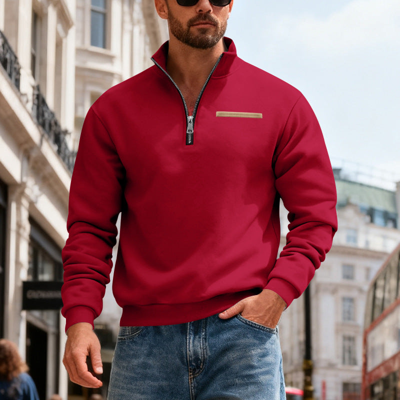 Herren nan Sweatshirt mit halbem Reißverschluss, Stehkragen und Brust-Welttasche Drune
