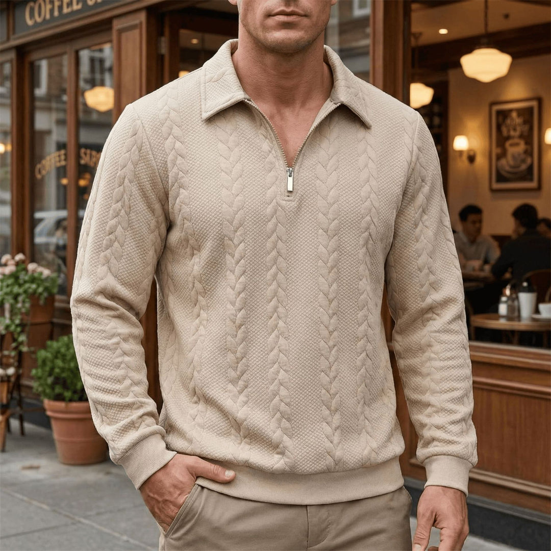 Herren strukturierter Halbzip-Pullover mit Troyerkragen, feinem Zopfmuster und elastischen Bündchen Drune