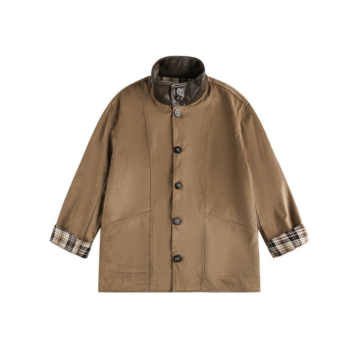 Herren Kurz geschnittener Fieldblouson im Vintage‑Workwear‑Stil mit Lederimitat‑Stehkragen und karierter Innenfütterung Drune