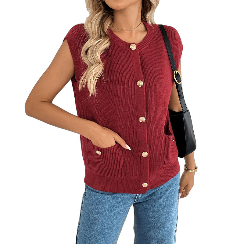 Damen Ärmellose Strickweste mit Zierknopfleiste, aufgesetzten Taschen & gerippter Struktur Drune