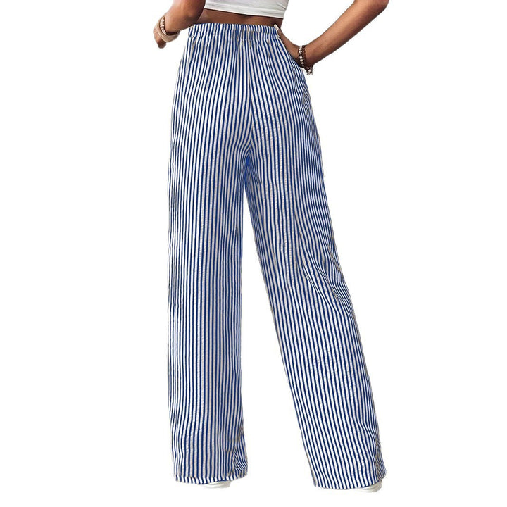 Damen Marlene-Streifenhose aus Leinenmix mit weitem Bein, Elastikbund und Kordelzug Drune
