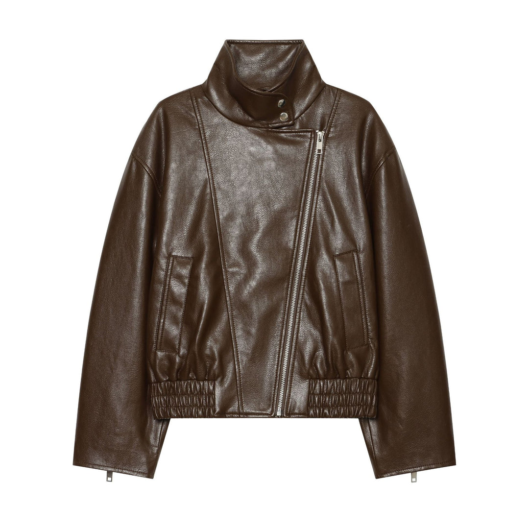 Damen Kurz geschnittene Lederoptik‑Blousonjacke mit Funnelkragen, asymmetrischem Reißverschluss und smocked Bund Drune