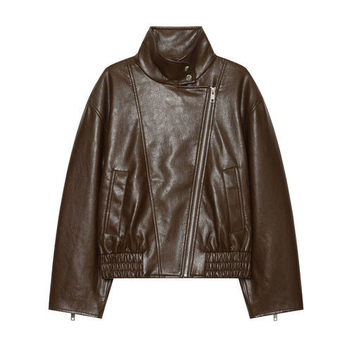 Damen Kurz geschnittene Lederoptik‑Blousonjacke mit Funnelkragen, asymmetrischem Reißverschluss und smocked Bund Drune
