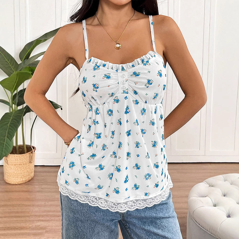 Damen Spaghetti-Träger Bluse mit floralem Muster und Spitzenbesatz Drune