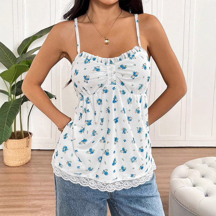 Damen Spaghetti-Träger Bluse mit floralem Muster und Spitzenbesatz Drune