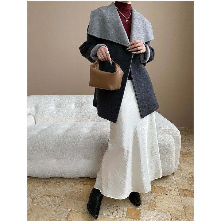 Damen elegante Wolljacke mit breitem Revers und Bindegürtel Drune