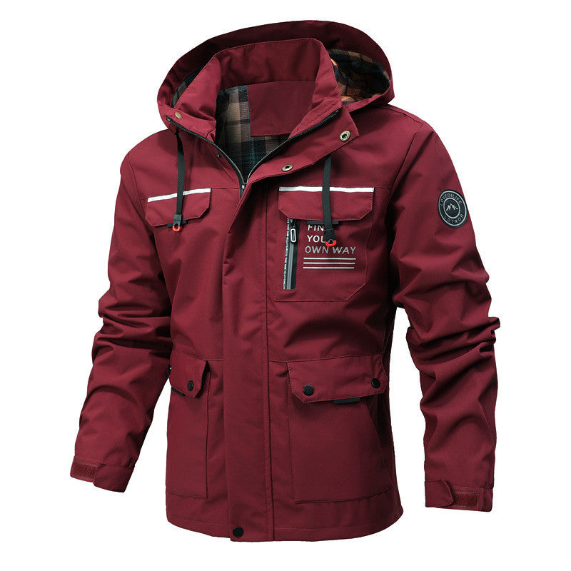 Herren Multitaschen-Softshell-Parka mit Kapuze und kariertem Innenfutter Drune