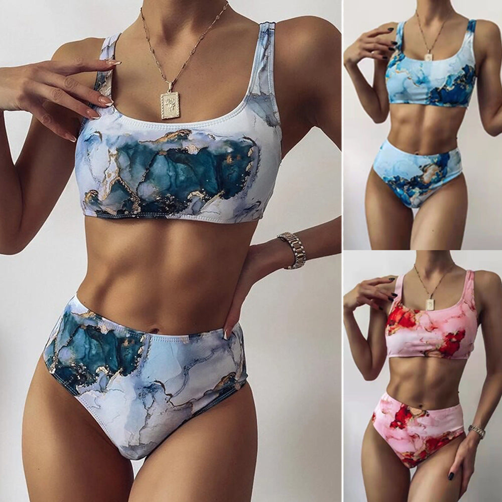 Damen Hoch geschnittenes Bikini-Set mit stylischem Marmor-Print Drune