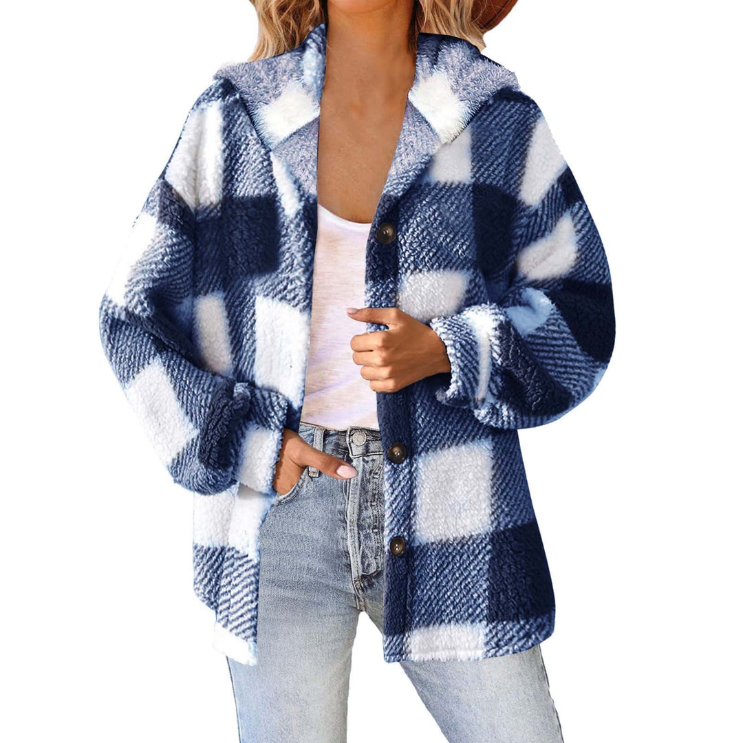 Damen nan kuschelige karierte Teddyjacke mit Kapuze, Knopfverschluss und oversized Schnitt Drune