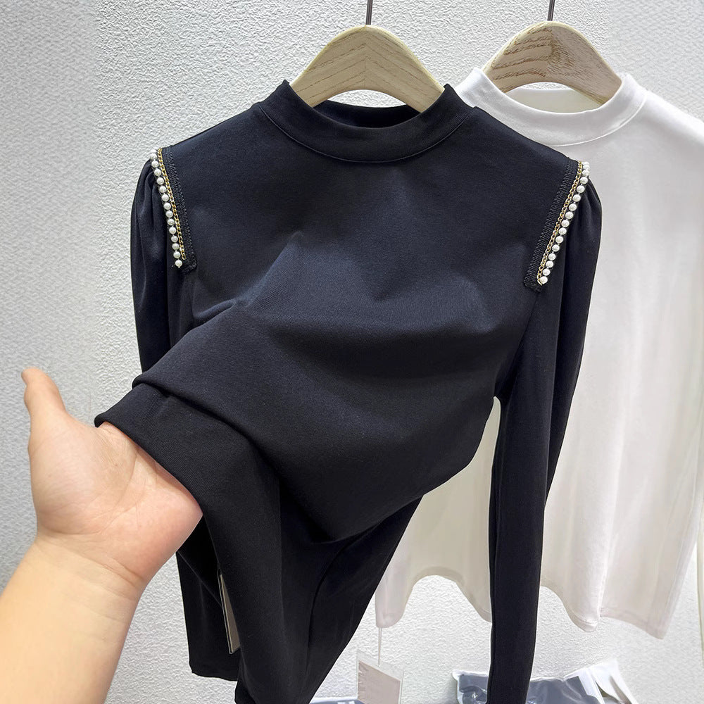 Damen elegantes Longsleeve-Oberteil mit besonderen Perlenapplikationen Drune