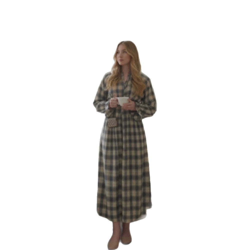 Damen Maxikleid im Karierten Hemdblusenstil mit Taillengürtel und Rüschenmanschetten Drune