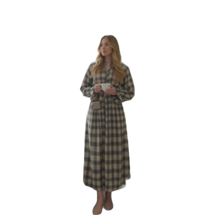 Damen Maxikleid im Karierten Hemdblusenstil mit Taillengürtel und Rüschenmanschetten Drune