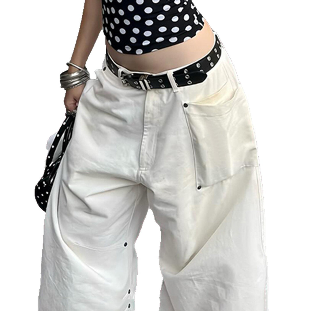 Damen nan weite Highwaist-Canvas-Hose im Carpenter‑Stil mit hohem Bund und aufgesetzten Taschen Drune
