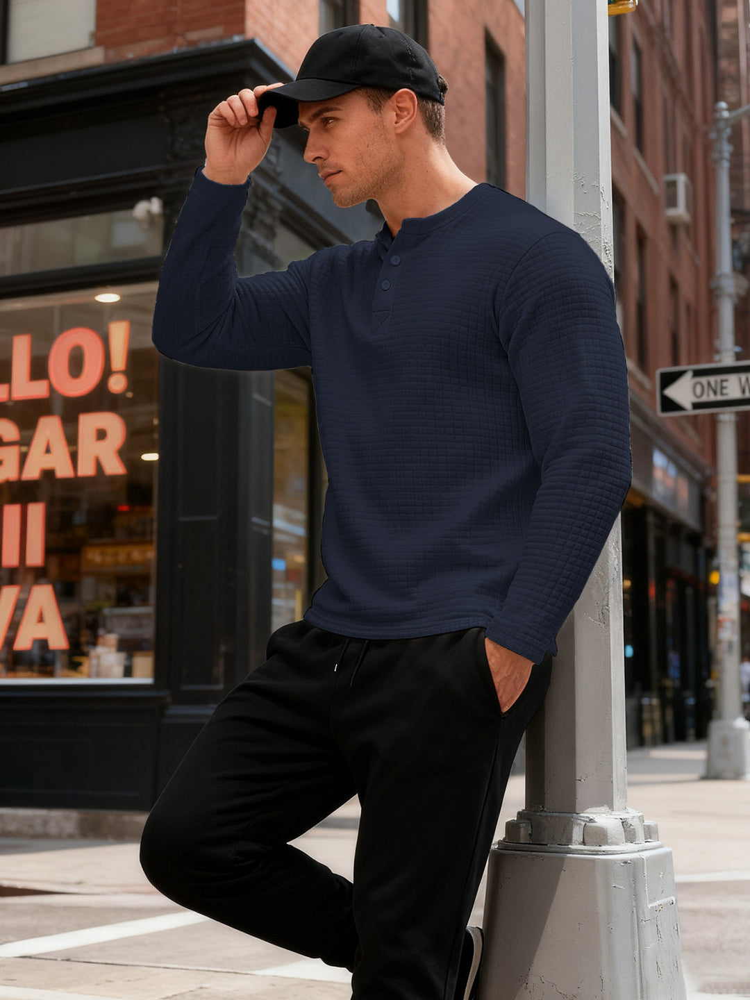 Herren nan strukturiertes Henley-Langarmshirt aus Waffelstrick mit Stehkragen und schmaler Silhouette Drune
