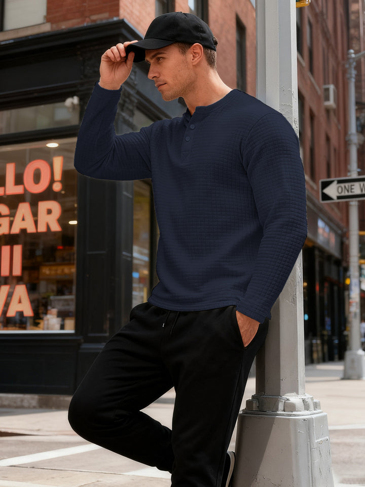Herren nan strukturiertes Henley-Langarmshirt aus Waffelstrick mit Stehkragen und schmaler Silhouette Drune