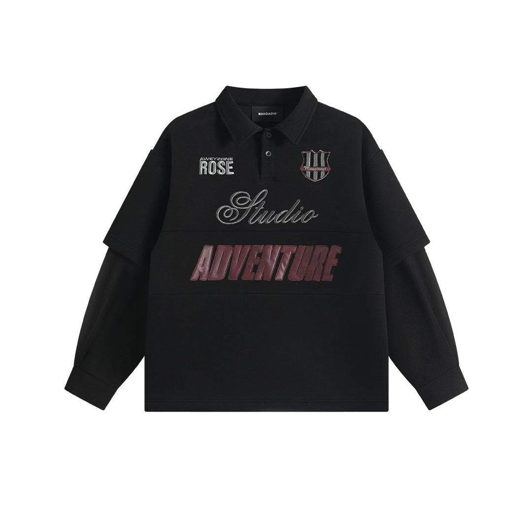 Damen Lagenlook-Sweatshirt mit Polokragen und aufgesetzten Stick-Patches Drune