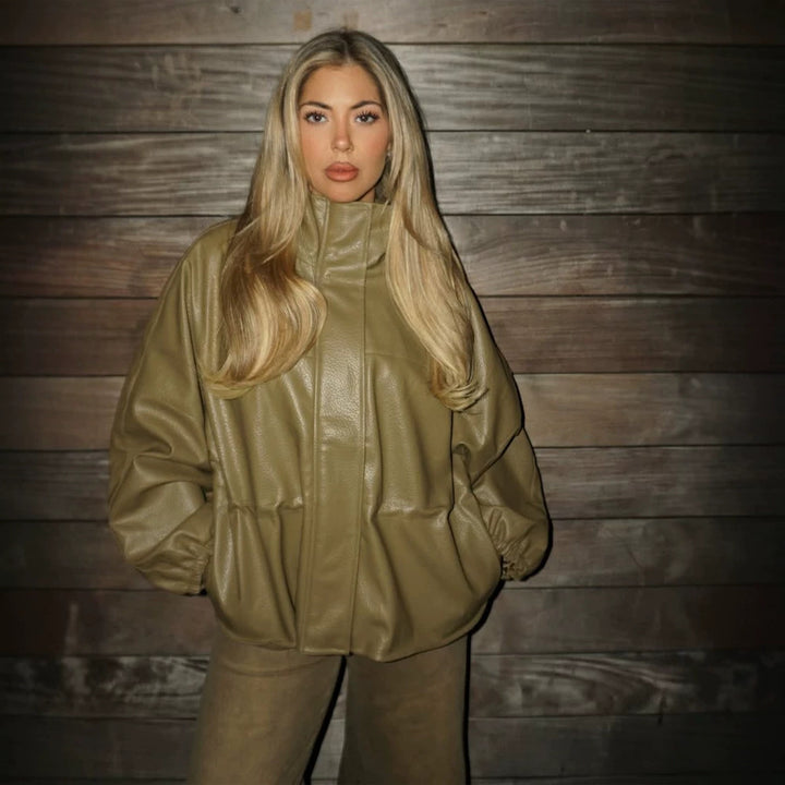 Damen Boxy Kunstlederjacke mit hohem Stehkragen, Tunnelzug-Taillierung und Ballonärmeln Drune